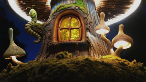 Video - A miniature fantasy tree house with glowing windows, mushrooms, and a smiling caterpillar figure