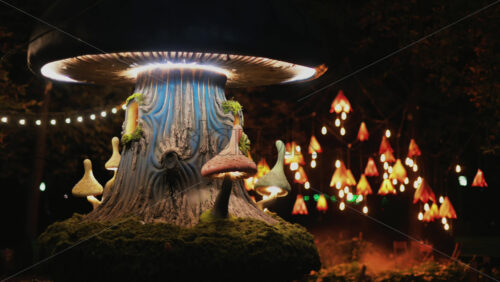 Video - Whimsical glowing mushroom sculptures illuminate a magical garden with warm, dreamy lights