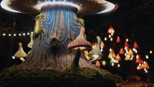 Video - Whimsical glowing mushroom sculptures illuminate a magical garden with warm, dreamy lights