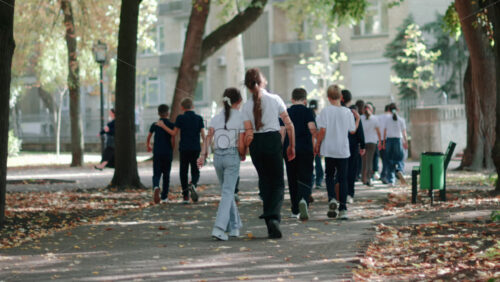Video - Group of school children strolling under green trees in a sunny park in Chisinau, Moldova