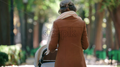 Video - A woman pushing a baby stroller along a tree lined park path on an autumn day