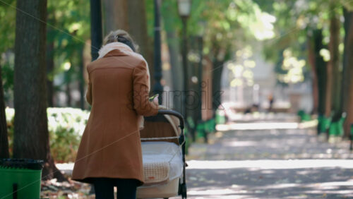 Video - A woman pushing a baby stroller along a tree lined park path on an autumn day