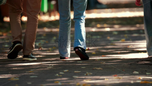 Video - Close up of people's feet walking on a leaf covered path in the park