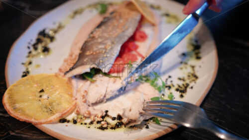 Video - Close up of a woman's hands cutting into a beautifully plated fish fillet with sauce, lemon slice, and herbs