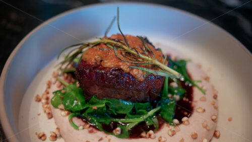 Video - Close up of a gourmet meat dish served with sauce, greens, and rosemary garnish on a white plate