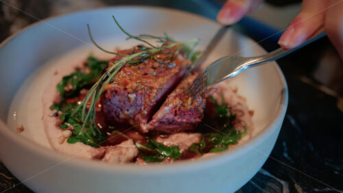 Video - Close up of a woman's hand cutting into a gourmet meat dish served with sauce, greens, and rosemary garnish on a white plate