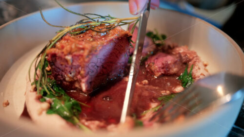 Video - Close up of a woman's hand cutting into a gourmet meat dish served with sauce, greens, and rosemary garnish on a white plate