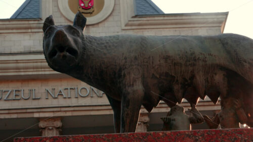 Video - Chisinau, Moldova - September 25, 2025: Historic bronze statue of the Capitoline Wolf with Romulus and Remus on a red marble pedestal in front of the National History Museum of Moldova