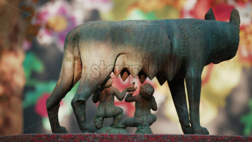 Video - Chisinau, Moldova - September 25, 2025: Historic bronze statue of the Capitoline Wolf with Romulus and Remus on a red marble pedestal in front of the National History Museum of Moldova