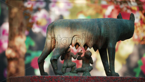 Video - Chisinau, Moldova - September 25, 2025: Historic bronze statue of the Capitoline Wolf with Romulus and Remus on a red marble pedestal in front of the National History Museum of Moldova