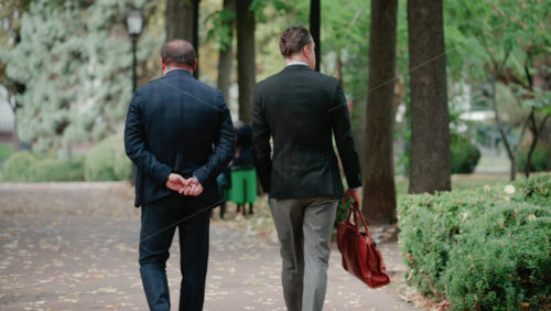 Video - Two men in suits walk together through a leafy park, engaged in a business conversation during a calm autumn day