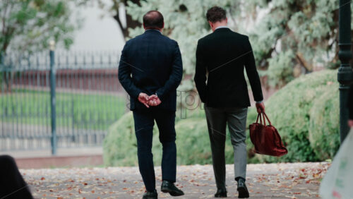 Video - Two men in suits walk together through a leafy park, engaged in a business conversation during a calm autumn day