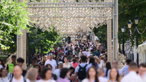 Video - Chisinau, Moldova - July 18, 2025: Eugen Doga pedestrian street full of people in the center of the city