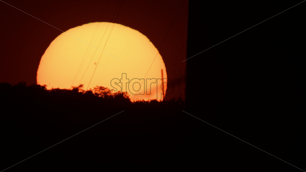 Video - Stunning telephoto sunset view behind the trees and power lines in a cityscape setting