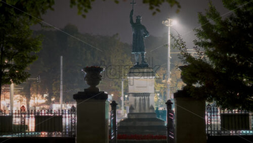 Video - Rain falls softly around Stefan cel Mare statue e in Central Park, casting a serene atmosphere. Chisinau, Moldova