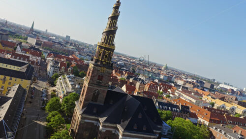 Video - Aerial drone view of the iconic spiral tower of the Church of Our Saviour in Copenhagen, Denmark