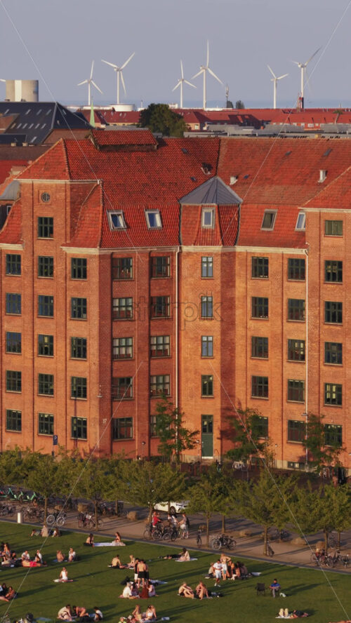 Video - Copenhagen, Denmark - August 6, 2025: Aerial view of locals gathering on the green lawn and along the harbor edge in the evening sun at Havneparken, Islands Brygge. Vertical
