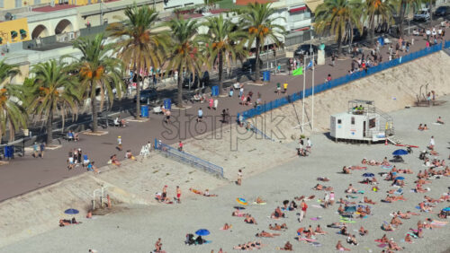 Video - Nice, France - September 5, 2025: Aerial drone view of palm lined Promenade des Anglais and beachgoers enjoying the Mediterranean seaside