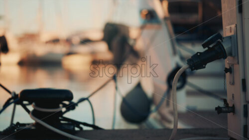 Video - Close up of a power cable plugged into a yacht at sunset