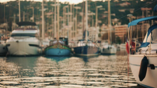 Video - Elegant sailboats lined up in a marina during golden hour, calm water reflecting the evening sun