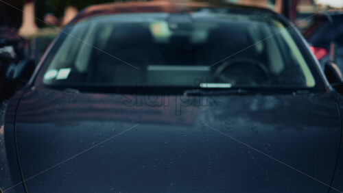 Video - Cannes, France - October 16, 2025: Close up of a black Tesla Model 3 hood glistening with water droplets after the rain