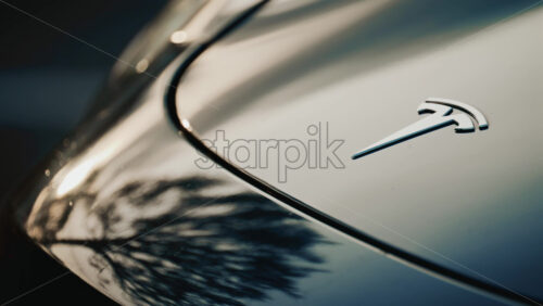 Video - Cannes, France - October 20, 2025: Cinematic close up of a Tesla car hood reflecting the silhouette of a tree at sunset