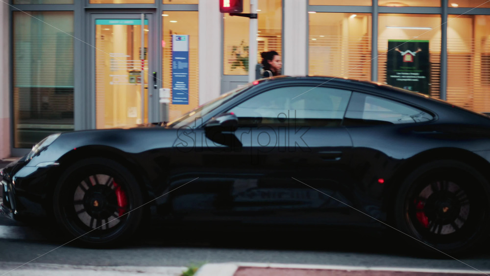 Video - Cannes, France - October 31, 2025: A glossy black Porsche 911 gleams under soft evening light, its curves perfectly defined