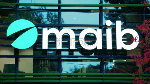 Video - Chisinau, Moldova - October 1, 2025: Modern glass building facade with the illuminated maib logo and red autumn leaves in the foreground