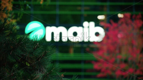 Video - Chisinau, Moldova - October 1, 2025: Modern glass building facade with the illuminated maib logo and red autumn leaves in the foreground