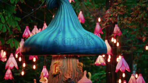 Video - Colorful fantasy style mushroom installation with glowing lights and decorative flower lamps in a forest setting