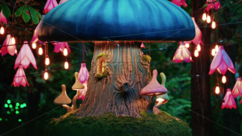 Video - Colorful fantasy style mushroom installation with glowing lights and decorative flower lamps in a forest setting