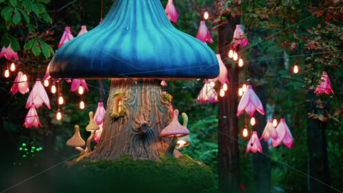 Video - Colorful fantasy style mushroom installation with glowing lights and decorative flower lamps in a forest setting