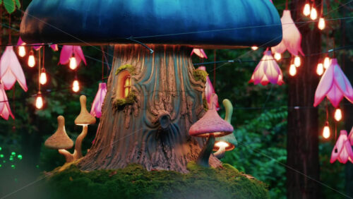 Video - Colorful fantasy style mushroom installation with glowing lights and decorative flower lamps in a forest setting