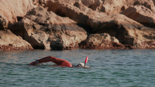 Video - A swimmer with a snorkel explores shallow water near a rocky coastline on a sunny day