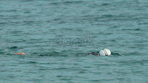 Video - Cannes, France - October 8, 2025: View of a swimmer in wetsuit and cap performing freestyle strokes in open water