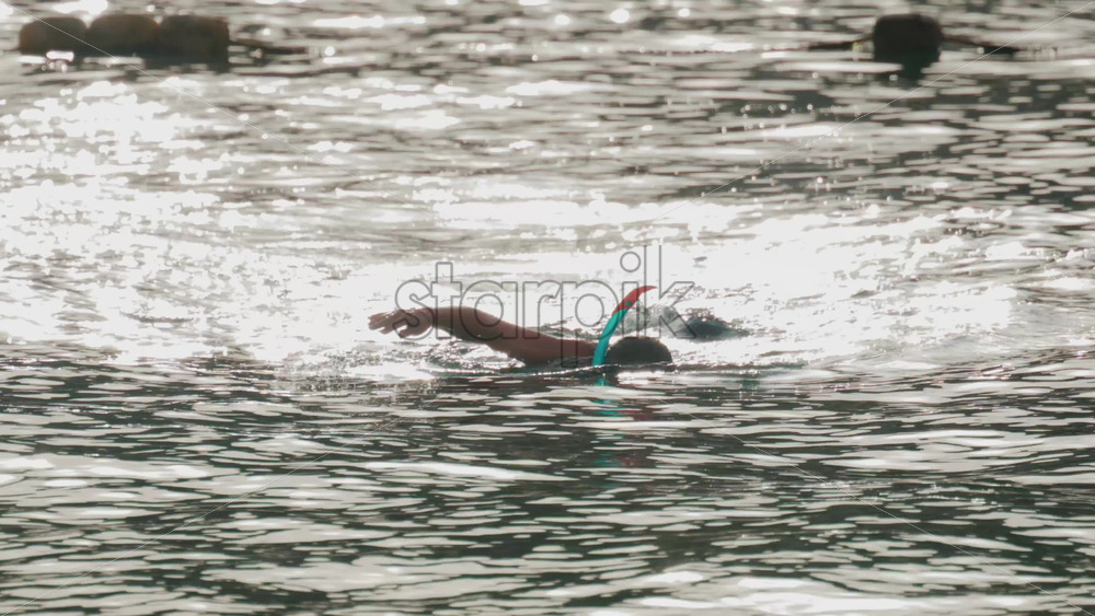 Video - A person swims calmly in the sea with a snorkel, surrounded by sparkling sunlight reflecting off the water's surface