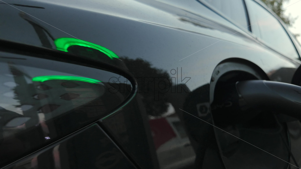 Video - Close up of an electric car charging at a station, showing plug connection and reflections on the vehicle's surface