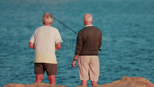 Video - Rear view of two elderly men standing side by side on the rocks, looking at the horizon while fishing