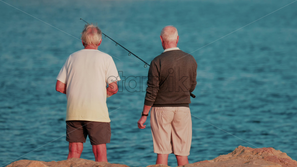 Video - Rear view of two elderly men standing side by side on the rocks, looking at the horizon while fishing