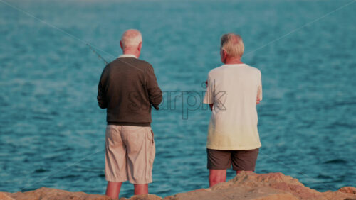 Video - Rear view of two elderly men standing side by side on the rocks, looking at the horizon while fishing