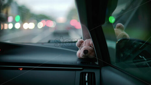 Video - A small stuffed toy rests on a car dashboard as blurred city lights pass by through the windshield
