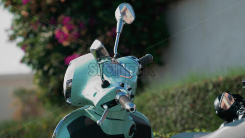 Video - A mint green scooter parked near blooming pink flowers in bright sunlight