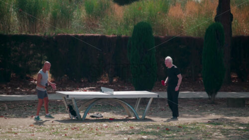 Video - Cannes, France - October 12, 2025: A small dog sits beside a metal outdoor ping pong table in a public park as two men play