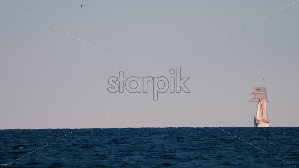 Video - A majestic sailing ship appears on the horizon against a pastel sky and deep blue sea