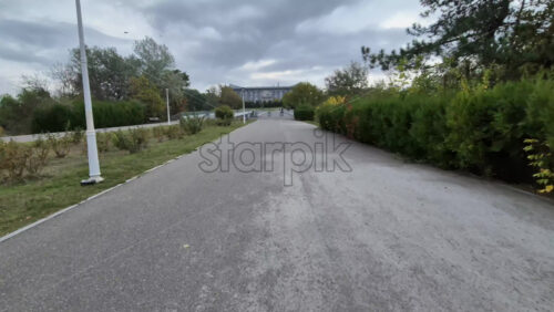 Video - Wide view of an empty park path lined with benches and green trees on an overcast autumn day