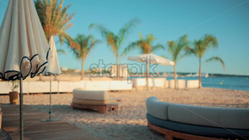 Video - Peaceful morning on a private beach in Cannes, with curved lounge chairs, palm trees, and umbrellas overlooking the calm Mediterranean Sea
