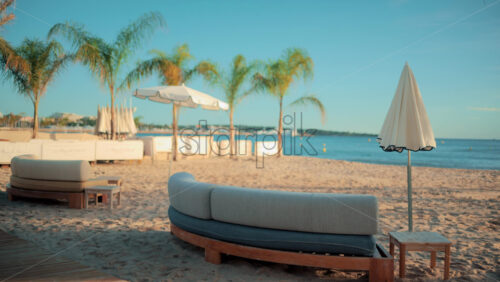 Video - Peaceful morning on a private beach in Cannes, with curved lounge chairs, palm trees, and umbrellas overlooking the calm Mediterranean Sea