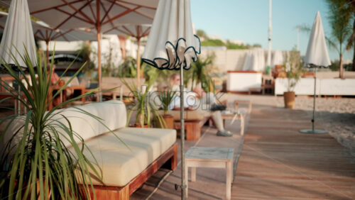 Video - Peaceful morning on a private beach in Cannes, with curved lounge chairs, palm trees, and umbrellas overlooking the calm Mediterranean Sea