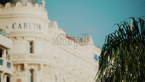 Video - Cannes, France - October 3, 2025: Blurred view of the Carlton Hotel facade with palm trees in the foreground under a clear blue sky