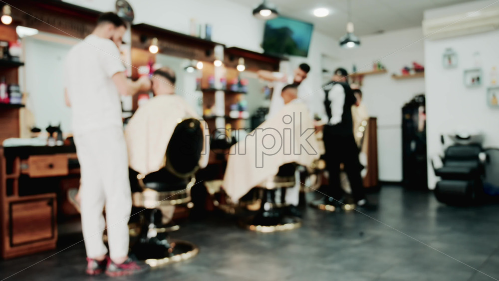 Video - Men getting haircuts in a modern barbershop with warm lighting and stylish decor